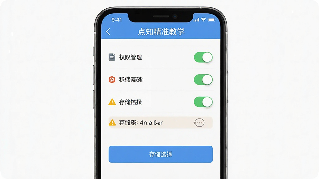 一张“点知精准教学”软件在手机上的安装与设置界面截图,主体为手机屏幕显示权限管理页面,布局上方为权限列表,下方为存储选择按钮,排版清晰,风格为简约工具风,细节包括开关按钮、存储条、警告图标,画质高清,干净,无多余元素
