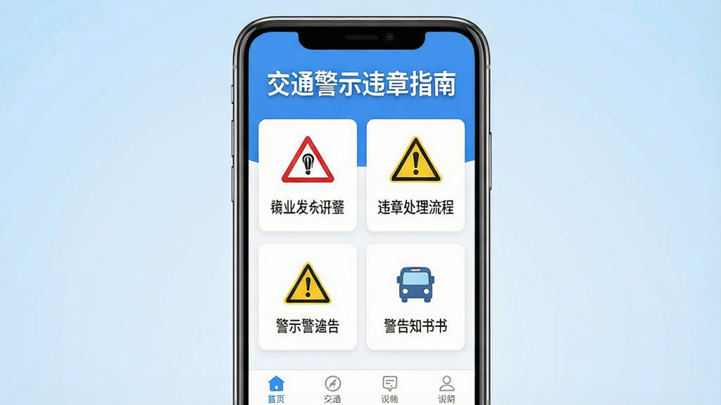 一张手机屏幕展示交通警示违章指南软件主界面的图片,画面中央是手机正视图,屏幕内显示软件首页布局,顶部有醒目的软件名称“交通警示违章指南”,中部排列着交通警告标志图鉴、违章警告处理流程、警示告知书说明等功能入口卡片,底部为导航栏,背景为浅蓝色渐变,风格简洁清爽,细节清晰,画质干净,无多余元素,适合软件下载站展示