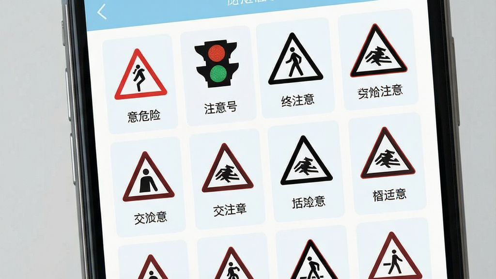 一张展示交通警示违章指南软件内交通警告标志图鉴页面的图片,画面主体为手机屏幕,屏幕内以网格形式排列着多个交通警告标志图标,如注意危险、注意信号灯、注意行人等,每个图标下方配有简短文字说明,界面配色以白色和浅蓝色为主,风格清新素雅,细节清晰,画质干净,无多余元素