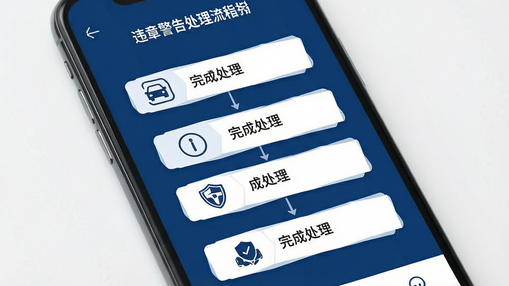 一张展示交通警示违章指南软件内违章警告处理流程指引页面的图片,画面主体为手机屏幕,屏幕内以步骤条形式展示从收到告知书到完成处理的各个步骤,每个步骤配有图标和简短文字说明,界面风格简约商务,配色以深蓝和白色为主,细节清晰,画质干净,无多余元素