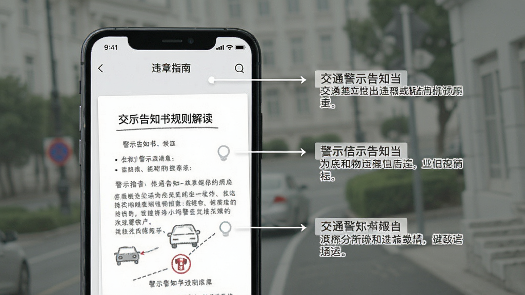 一张展示交通警示违章指南软件内警示告知书规则解读页面的图片,画面主体为手机屏幕,屏幕内展示一份模拟的警示告知书样式,旁边配有要点标注和说明文字,界面风格素雅极简,配色以浅灰和白色为主,细节清晰,画质干净,无多余元素