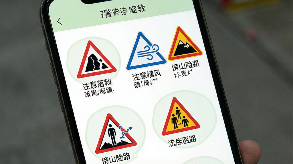 一张展示交通警示违章指南软件内交通警告标志图解大全页面的图片,画面主体为手机屏幕,屏幕内以大图加文字注解的形式展示多个交通警告标志,如注意落石、注意横风、傍山险路等,每个标志旁有详细图解说明,界面风格清新浅色,配色以白色和淡绿色为主,细节清晰,画质干净,无多余元素