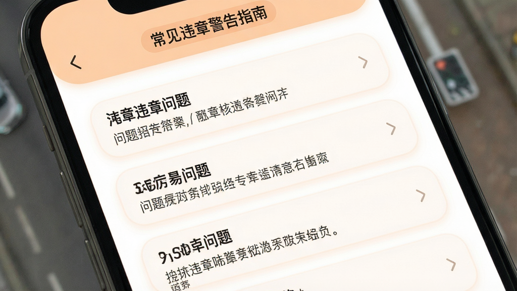 一张展示交通警示违章指南软件内常见违章警告问题解答页面的图片,画面主体为手机屏幕,屏幕内以列表形式展示多个问答条目,每个条目包含问题标题和简短答案摘要,界面风格柔和圆角,配色以白色和浅橙色为主,细节清晰,画质干净,无多余元素