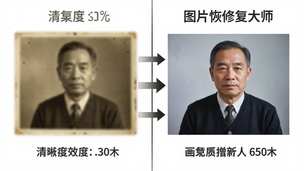 一张展示图片恢修复大师画质增强效果的对比图,画面主体为左右分屏对比,左侧是模糊泛黄的老照片,右侧是经过图片恢修复大师处理后清晰鲜艳的照片,布局为左右对称排版,风格为写实摄影风,细节包含对比箭头和清晰度数值标注,画质极高,干净无多余元素。
