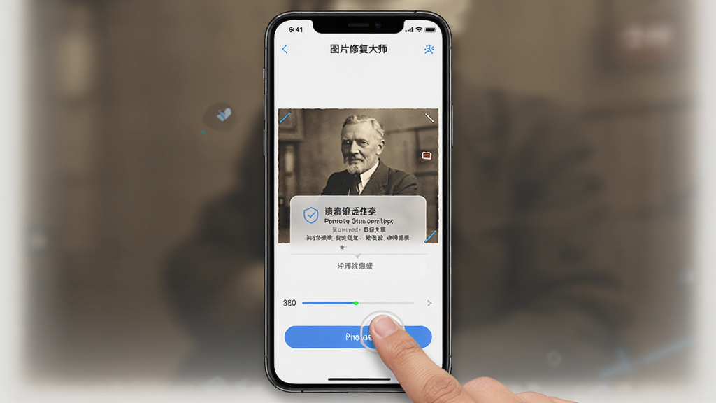 一张展示手机端图片恢修复大师操作界面的截图风格图,画面主体为一部智能手机屏幕,屏幕上显示软件主界面和一张正在修复中的老照片,布局为竖屏居中展示,风格为写实UI风格,细节包含手指点击修复按钮的动作、进度条和权限授权弹窗,画质清晰,干净无多余元素。