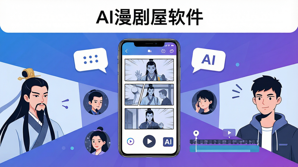 以“AI漫剧屋”为核心主体,画面中央放置一部智能手机,手机屏幕显示漫画分镜编辑界面,四周环绕漫画气泡、角色头像、视频时间轴等元素;布局采用中心放射式构图,手机居中,左右两侧分别展示古风人物和现代人物漫画形象;排版整洁有序,上方留白处写“AI漫剧屋”软件名称;风格为扁平化科技插画风,色调以蓝紫渐变为主;细节包括手机屏幕上的分镜格子、播放按钮、AI生成标识;画质高清,画面干净,无多余元素
