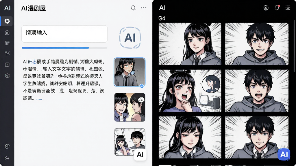 画面主体为“AI漫剧屋”软件界面截图风格,展示文字输入框与自动生成的漫画分镜画面并排布局;左侧为输入的文字剧情,右侧为AI生成的多格漫画预览;排版采用左右对比式;风格为现代简约UI插画;细节包括生成进度条、分镜缩略图、AI标识;画质清晰,画面干净,无多余元素