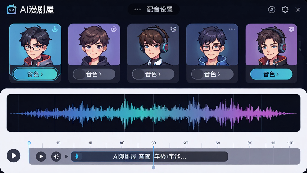 画面主体为“AI漫剧屋”配音设置面板,展示多个角色头像与对应音色选择按钮;布局采用上下结构,上方为角色列表,下方为音色波形图与字幕时间轴;风格为科技感UI插画;细节包括播放按钮、音波纹理、字幕条;画质清晰,画面干净,无多余元素