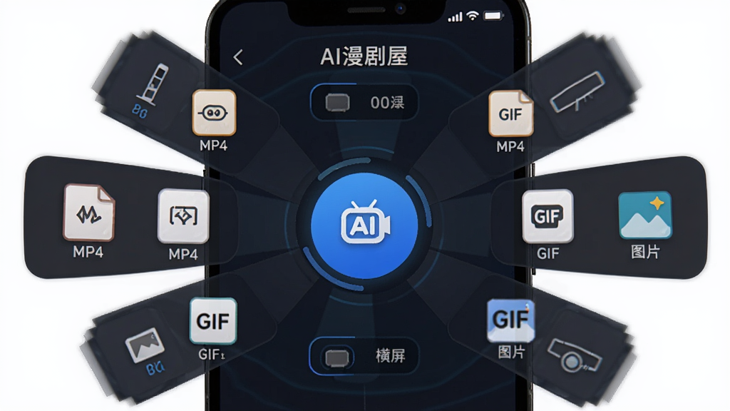 画面主体为“AI漫剧屋”导出设置界面,展示手机屏幕中多个格式图标与分辨率选项;布局采用中心按钮加四周选项的放射式排版;风格为扁平化科技风;细节包括MP4、GIF、图片序列图标,竖屏与横屏比例示意;画质高清,画面干净,无多余元素