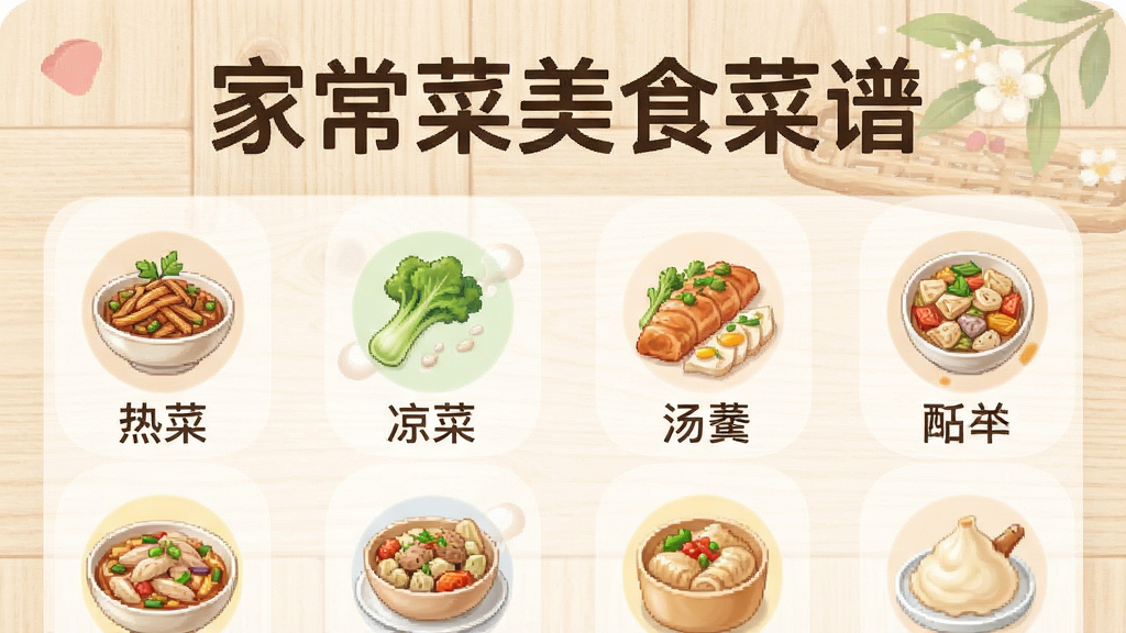 一张家常菜美食菜谱应用分类界面截图风格展示图,画面中整齐排列热菜、凉菜、汤羹、主食等分类图标,背景为浅色木质纹理,风格简约明快,细节清晰,画质干净,图片中带文字“家常菜美食菜谱”