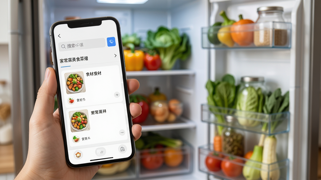 一张家常菜美食菜谱应用搜索与食材匹配功能展示图,画面中一只手拿着手机,屏幕显示搜索框和食材匹配结果,背景是摆满蔬菜的冰箱,风格生活化写实,细节丰富,画质高清,图中文字“家常菜美食菜谱”
