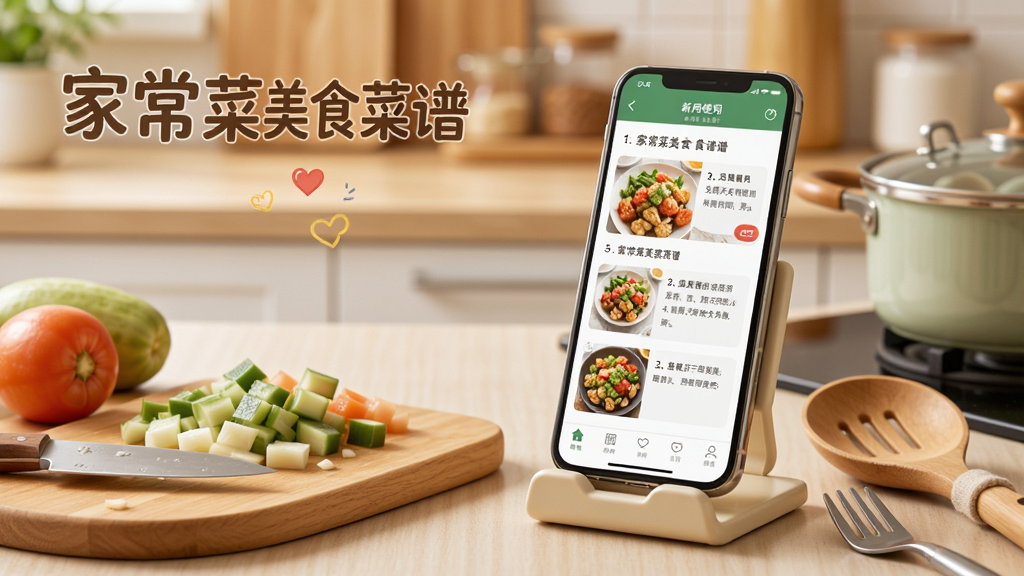 一张家常菜美食菜谱应用新手使用场景图,画面中手机放置在厨房支架上显示菜谱步骤,旁边有切好的食材和厨具,风格温馨写实,细节清晰,画质干净,图中文字“家常菜美食菜谱”