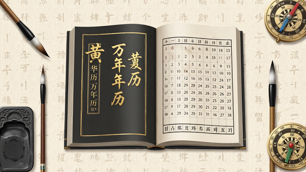 画面中央一本展开的古典黄历书册,封面印有“华夏万年历黄历”金色字样,书页上隐约可见农历日期与干支排布,背景是淡雅的米色宣纸纹理,四周点缀毛笔、砚台与罗盘等传统元素,整体布局对称稳重,风格为写实插画,细节精致清晰,画质高清,画面干净无多余杂物。