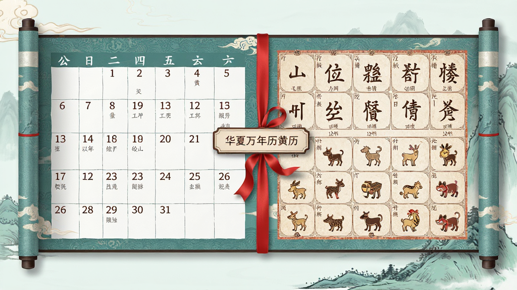 一张横向展开的日历卷轴,左侧为公历日期网格,右侧为对应的农历文字与生肖图案,卷轴中央用红色丝带系着“华夏万年历黄历”小标签,背景为淡青色山水纹样,风格为简约中国风,排版清晰,画质细腻,画面干净整洁。