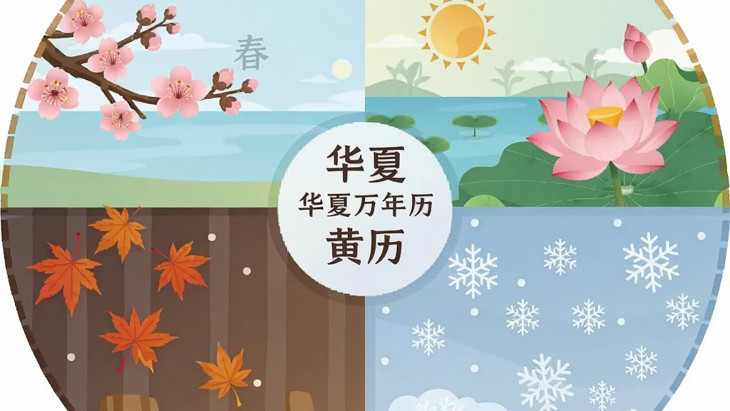 一幅四季更迭的圆形插画,春分、夏至、秋分、冬至四个节气分别占据四个象限,每个象限配有对应的自然景物如桃花、荷花、枫叶、雪花,圆心位置写有“华夏万年历黄历”字样,风格为扁平化矢量插画,色彩柔和,排版均衡,画质清晰,画面干净无多余装饰。