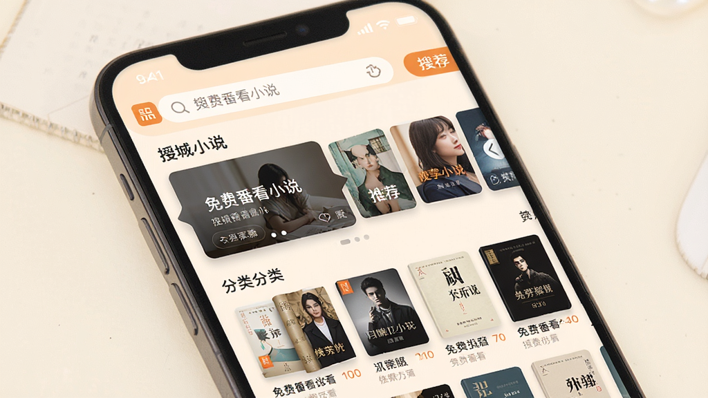 一张展示免费番看小说手机应用界面的图片,主体为一部竖屏智能手机,屏幕中显示免费番看小说APP的书城首页,布局包含顶部搜索栏、中间轮播推荐位和下方分类书单列表,排版整齐清晰,风格为现代简约的移动端UI设计,细节上体现柔和的米白色背景与暖橙色点缀,画质高清,干净,无多余元素