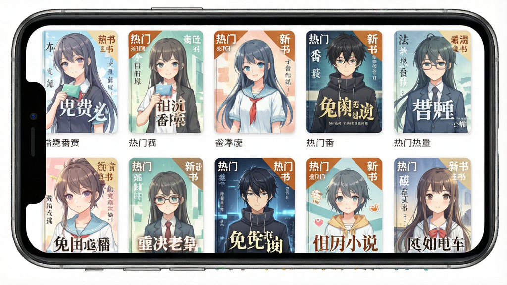一张展示免费番看小说海量书库的图片,主体为一部手机屏幕中呈现整齐排列的小说封面网格,布局为三列书封展示,排版疏密有致,风格为清新二次元配色,细节上每本书封面带有小角标显示“热门”“新书”等标识,画质清晰,干净,无多余元素