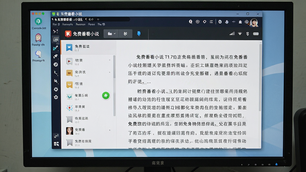 一张展示免费番看小说在安卓模拟器电脑端运行的图片,主体为电脑显示器屏幕中呈现模拟器窗口内的免费番看小说阅读界面,布局包含左侧书签栏与右侧正文区域,排版清晰,风格为写实桌面截图风格,细节上体现模拟器工具栏与手机应用界面的融合,画质高清,干净,无多余元素