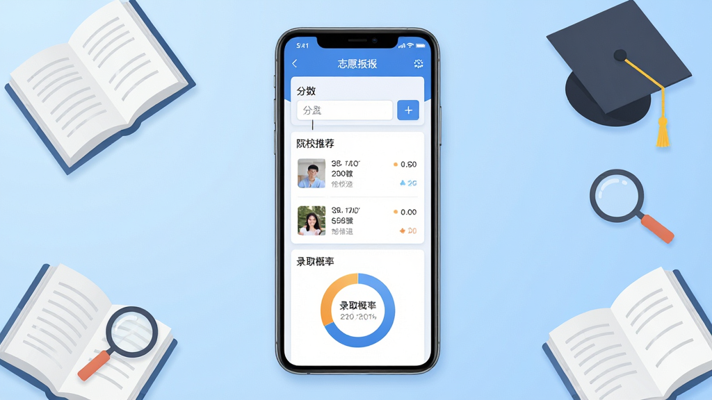 211高考志愿填报软件主界面全景展示,画面中央放置一部智能手机,屏幕显示志愿填报系统首页,包含分数输入框、院校推荐列表和录取概率环形图,背景为浅蓝色渐变,周围点缀书本、学士帽、放大镜等学习元素,整体布局简洁对称,风格为现代扁平化科技风,细节精致,画质高清,干净无多余元素