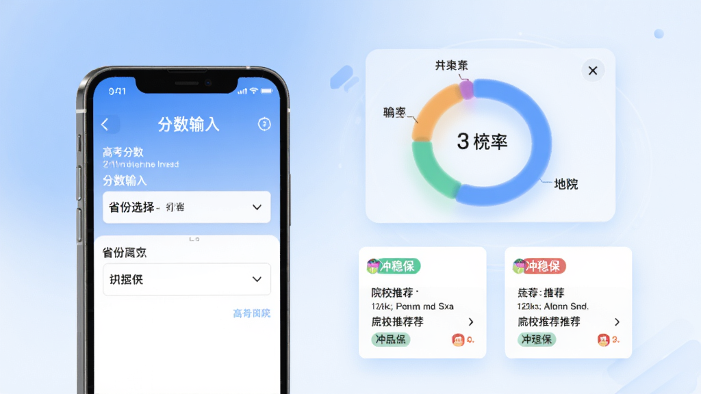 211高考志愿填报智能分数匹配功能展示图,画面左侧为手机屏幕显示分数输入界面和省份选择下拉框,右侧为悬浮的录取概率环形图与院校推荐卡片,卡片上标注冲稳保标签,背景为柔和的蓝白渐变色,风格为清新科技风,细节清晰,画质高清,干净无多余元素