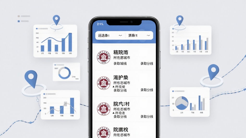 211高考志愿填报院校数据查询界面展示图,画面中央为手机屏幕显示院校列表,每所院校带有校徽图标、名称、所在城市和录取分数线,屏幕上方有筛选条件栏,背景为淡灰色,周围漂浮着数据图表和定位图标,风格为简约商务风,细节丰富,画质高清,干净无多余元素