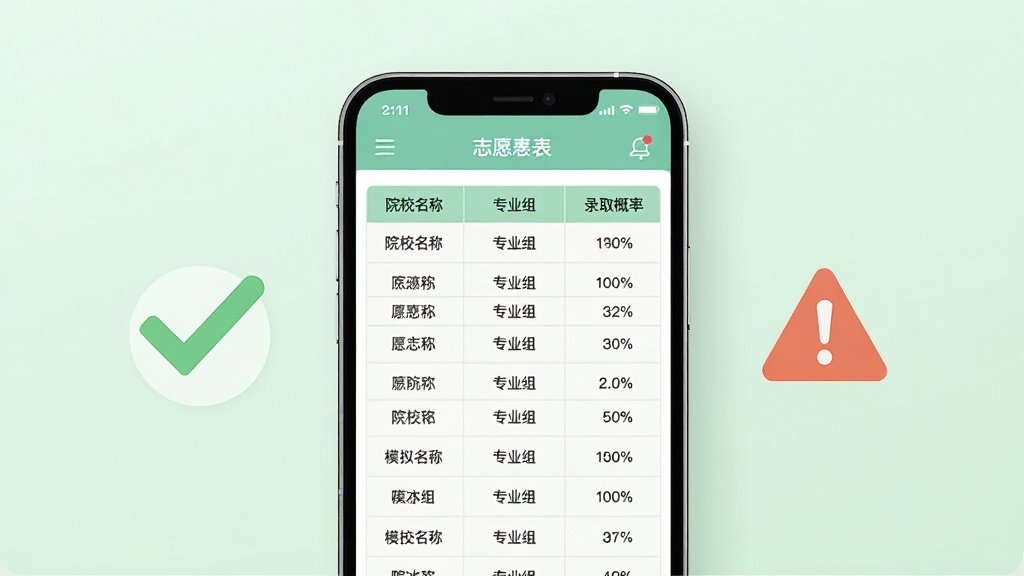 211高考志愿填报志愿方案模拟功能展示图,画面中央为手机屏幕显示志愿表表格,包含院校名称、专业组和录取概率列,屏幕旁边有对勾图标和警示图标,背景为淡绿色,风格为清爽极简风,细节精致,画质高清,干净无多余元素