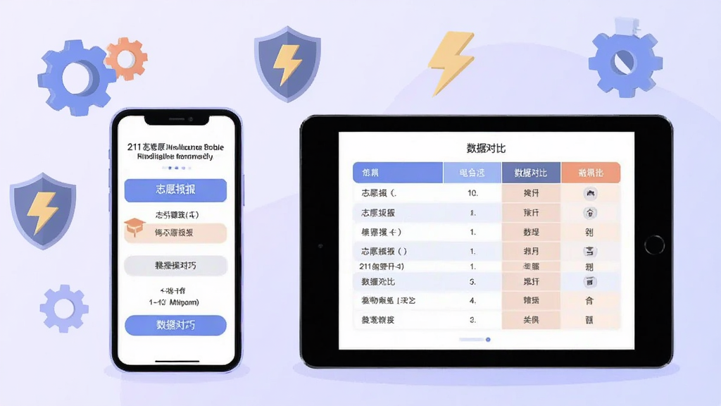 211高考志愿填报移动端操作技巧示意图,画面展示一部手机和一部平板并排摆放,手机屏幕显示志愿填报步骤引导页,平板屏幕显示数据对比表格,背景为淡紫色渐变,周围有齿轮、盾牌、闪电等图标,风格为扁平化插画风,细节清晰,画质高清,干净无多余元素