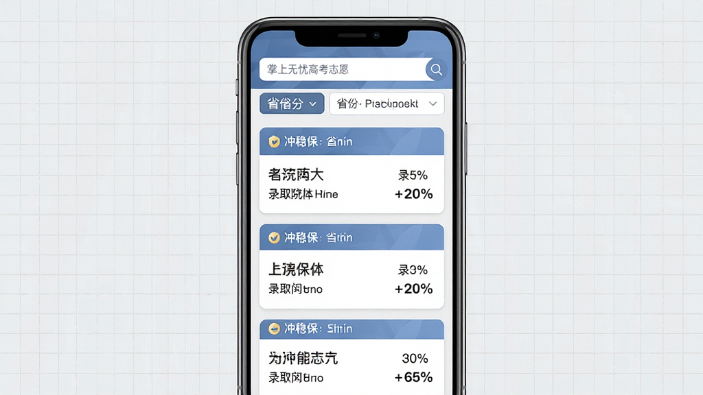 一张用于展示智能院校匹配功能的竖版手机截图风格插画,画面主体为手机屏幕,屏幕内显示“冲稳保”三档院校卡片列表,每张卡片上有院校名称与录取概率百分比,背景为浅灰色网格,顶部有搜索栏与省份选择标签,风格写实简洁,细节清晰,画质干净,图片中文字标注“掌上无忧高考志愿”