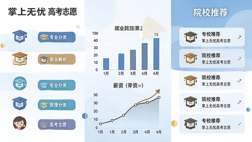 一张展示专业就业解析功能的横版信息图插画,画面左侧为专业图标与分类标签,中部为就业前景柱状图与薪资曲线,右侧为院校推荐列表,背景为白色与淡蓝色块拼接,风格商务简洁,布局清晰,细节丰富,画质干净,图片中文字标注“掌上无忧高考志愿”