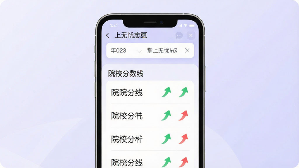 一张展示分数线快速查询功能的竖版手机界面插画,画面主体为手机屏幕,屏幕内显示年份筛选条与院校分数线列表,列表中有绿色与红色箭头表示升降趋势,背景为淡紫色渐变,风格清爽素雅,布局紧凑,细节清晰,画质干净,图片中文字标注“掌上无忧高考志愿”