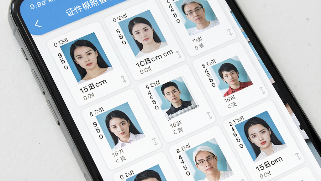 一张展示证件照管理尺寸模板选择界面的图片,主体为手机屏幕显示多种证件照规格选项列表,布局上采用网格排列方式展示不同尺寸的证件照样张,排版整齐有序,风格为扁平化应用界面设计,细节上每个选项配有尺寸标注和预览缩略图,画质高清干净无多余元素