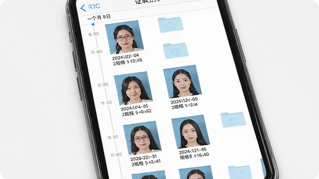 一张展示证件照管理本地相册管理界面的图片,主体为手机屏幕显示按时间排列的证件照缩略图列表,布局上采用纵向时间轴排列方式,排版清晰易浏览,风格为简洁文件管理类应用界面,细节上每张缩略图下方标注制作日期和规格名称,画质高清干净无多余元素