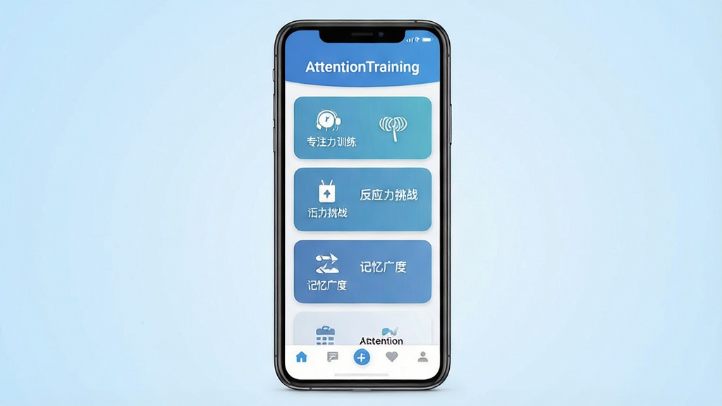 一张展示AttentionTraining软件主界面的手机界面图,画面中央放置一部竖屏智能手机,手机屏幕上显示AttentionTraining应用首页,页面顶部有