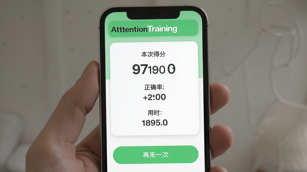 一张展示AttentionTraining训练完成结果页面的手机界面图,画面中一部智能手机竖屏显示训练成绩页面,屏幕上方有