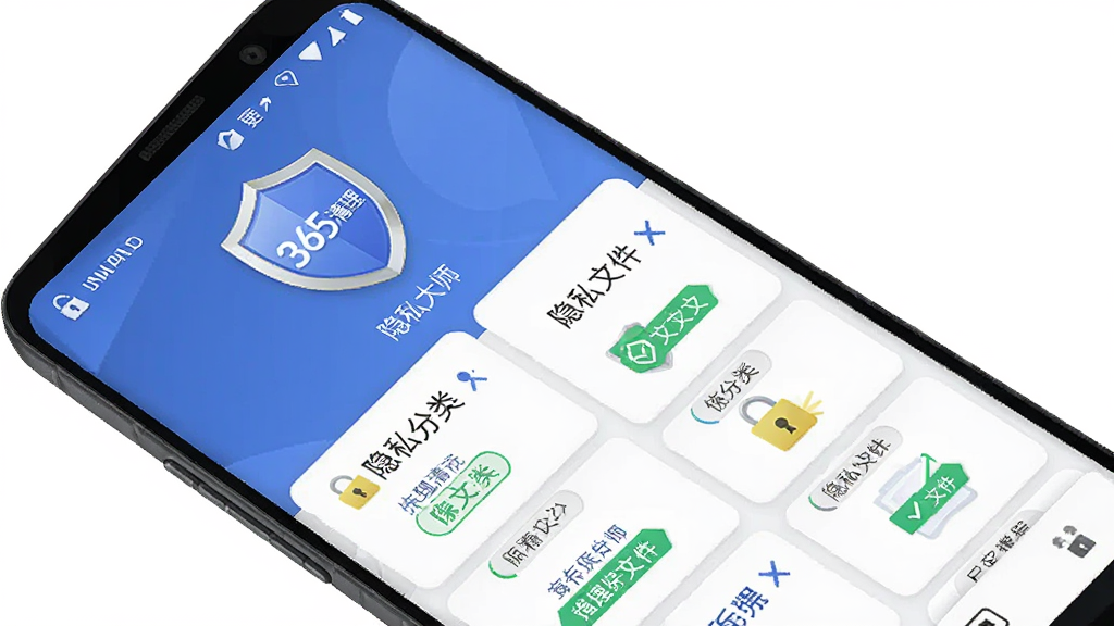 一部安卓手机显示365清理大师的隐私清理与文件保护界面,主体为手机屏幕上的盾牌图标与隐私文件分类列表,布局采用卡片式排列,排版强调安全提示,风格为稳重安全风,细节包括锁形图标、隐私分类标签、绿色保护标识,画质高清,画面干净无多余元素。