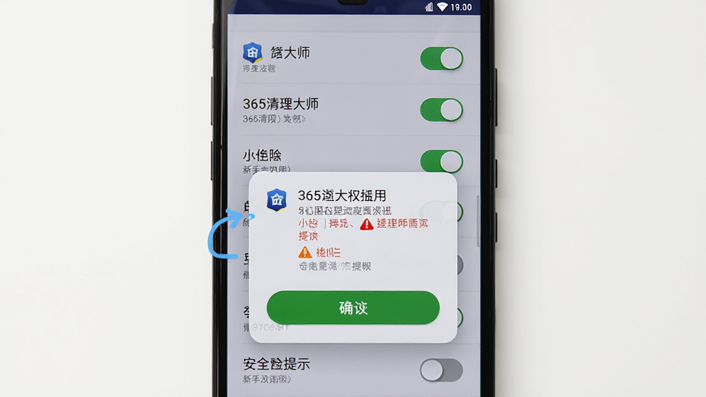 一部安卓手机显示365清理大师的权限设置与新手引导界面,主体为手机屏幕上的权限开关列表与提示弹窗,布局采用纵向排列,排版突出存储权限与安全提示,风格为简洁明快,细节包含权限图标、确认按钮、警示文字,画质高清,画面干净无多余元素。