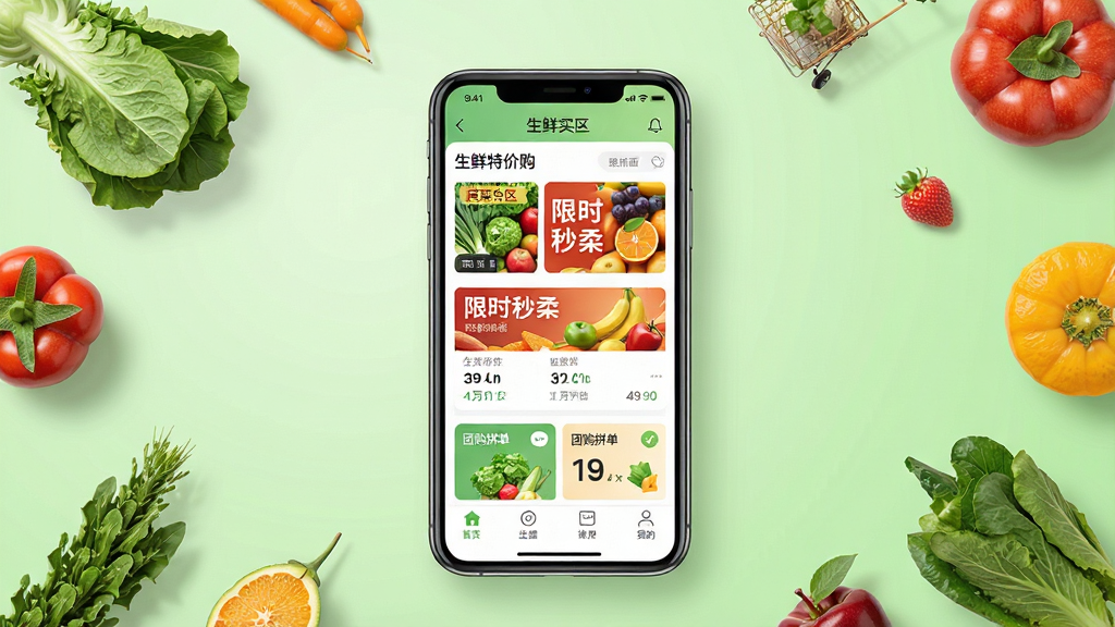生鲜买菜特价购软件主界面展示,中央摆放一部智能手机,屏幕内呈现生鲜买菜特价购APP首页,页面包含蔬菜水果特价专区、限时秒杀横幅、团购拼单入口,背景为干净浅绿色渐变,周围散落新鲜蔬菜水果元素,布局居中对称,风格清新简约,细节清晰,画质高清,干净无多余元素