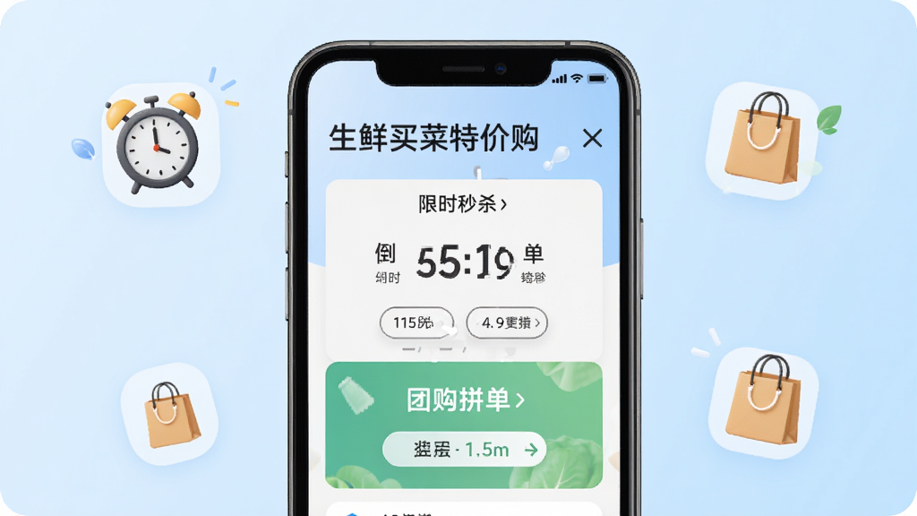 生鲜买菜特价购限时秒杀与团购拼单界面,手机屏幕内显示倒计时秒杀模块和团购拼单入口,屏幕周围有闹钟和购物袋图标装饰,背景为浅蓝色渐变,布局简洁居中,风格现代清新,细节清晰,画质高清,干净无多余元素