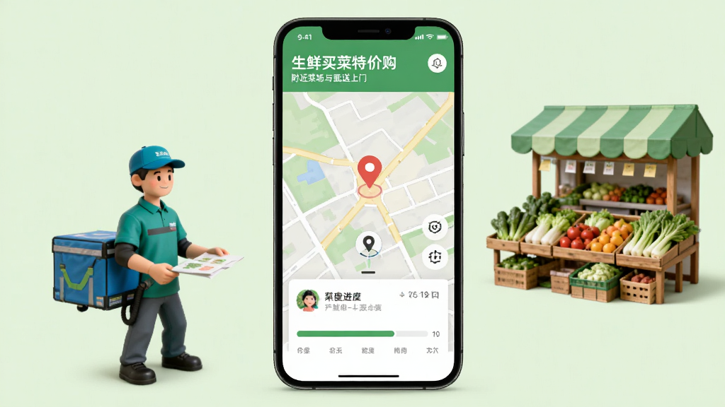 生鲜买菜特价购附近菜场与配送上门功能展示,手机屏幕内显示地图定位和配送进度条,屏幕外有配送员和菜市场元素,背景为浅绿色,布局居中,风格生活化,细节丰富,画质高清,干净无多余元素