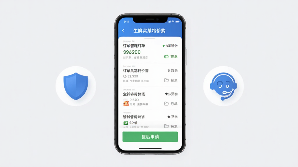 生鲜买菜特价购订单管理与售后保障页面,手机屏幕内显示订单列表和售后申请按钮,屏幕周围有盾牌和客服图标,背景为浅灰色,布局整洁居中,风格商务简约,细节清晰,画质高清,干净无多余元素