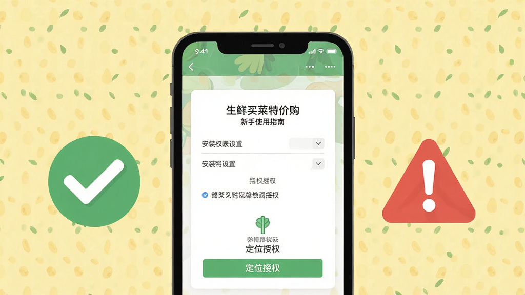 生鲜买菜特价购新手使用指南示意图,画面中央为手机屏幕展示安装权限设置和定位授权页面,屏幕旁有对勾和警示图标,背景为浅黄色,布局清晰居中,风格扁平化,细节明了,画质高清,干净无多余元素