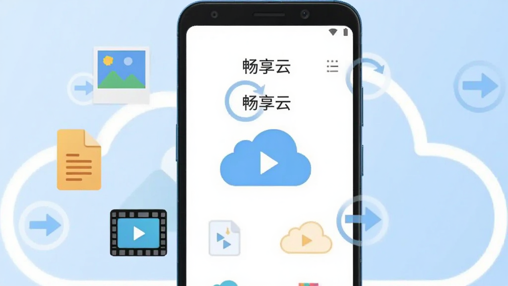 画面中央放置一部安卓手机,手机屏幕显示“畅享云”云端文件管理界面,左侧漂浮着照片、文档、视频三类图标,背景为浅蓝色渐变,布局采用居中构图,风格为扁平化科技插画,细节包括云朵轮廓与同步箭头,画质清晰,干净,无多余元素