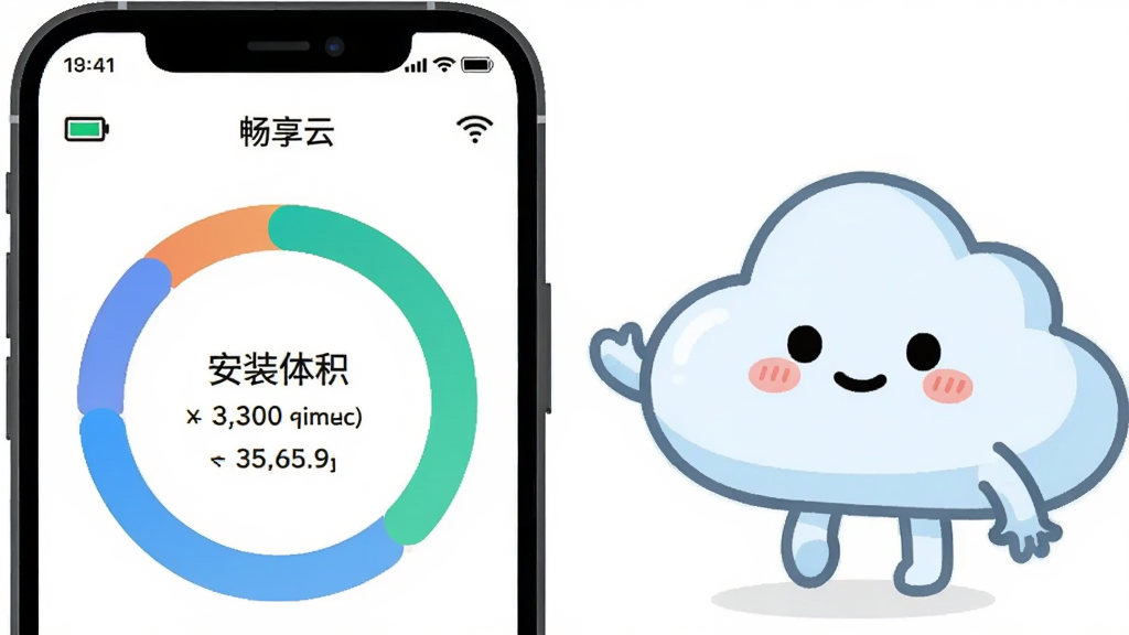 手机屏幕显示“畅享云”存储占用环形图,环形图内标注安装包体积,旁边站立一个轻松表情的小云朵角色,布局为左图右文,风格为可爱扁平插画,细节包括电池图标与WiFi信号,画质清晰,干净,无多余元素