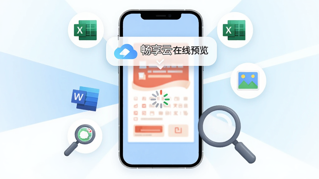 手机屏幕中央打开一份PDF文档,文档上方悬浮“畅享云”在线预览标签,周围散落Word、Excel、图片小图标,布局为居中放射状,风格为清新办公插画,细节包括放大镜与加载完成对勾,画质清晰,干净,无多余元素