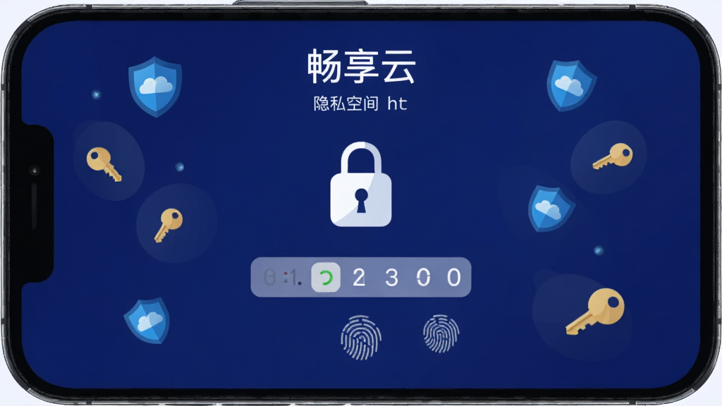 手机界面显示“畅享云”隐私空间锁屏,锁图标居中,背景为深蓝色渐变,周围漂浮盾牌与钥匙小图标,布局为居中对称,风格为安全主题扁平插画,细节包括密码输入框与指纹识别符号,画质清晰,干净,无多余元素