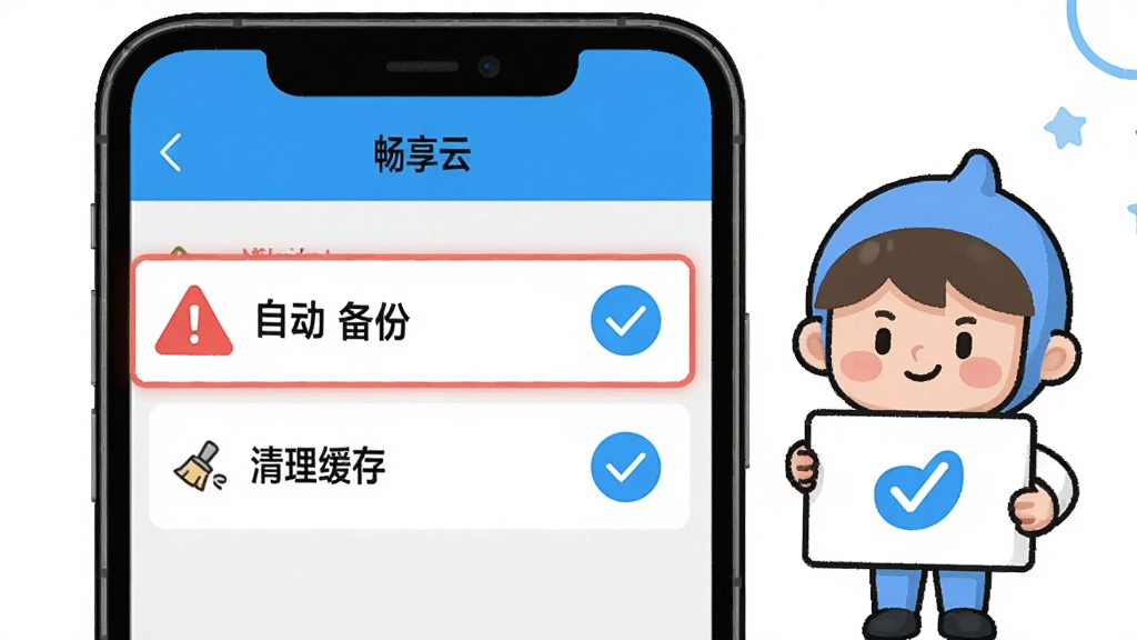 手机屏幕展示“畅享云”设置页面,高亮标注“自动备份”与“清理缓存”两个选项,旁边站立一个手持提示牌的小助手角色,布局为左中右三段式,风格为明快教程插画,细节包括红色警示三角与蓝色对勾,画质清晰,干净,无多余元素