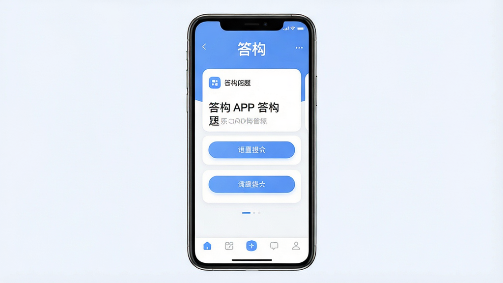 一张手机屏幕展示答构应用主界面的预览图,主体为居中放置的智能手机,屏幕内显示答构APP的答题界面,顶部有“答构”文字标识,中部为题目卡片与选项按钮,底部有导航栏,布局简洁清晰,排版采用居中构图,风格为现代扁平化科技风,细节包括柔和的蓝白配色、圆角卡片、清晰图标,画质高清,干净,无多余元素