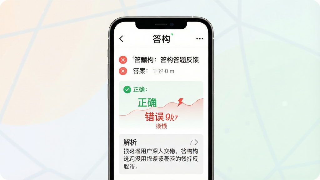 一张展示答构答题反馈界面的预览图,主体为手机屏幕,屏幕内显示一道题目、用户选择的答案以及绿色正确/红色错误反馈和解析文字,顶部有“答构”标识,布局为上下结构,排版清晰,风格为简约商务风,细节包括对错图标、解析文本框、柔和背景色,画质高清,干净,无多余元素