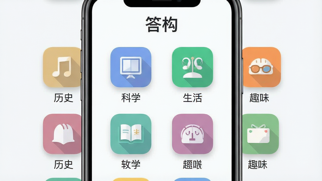 一张展示答构题库分类界面的预览图,主体为手机屏幕,屏幕内显示多个知识分类图标,如历史、科学、生活、趣味等,上方有“答构”字样,布局为网格排列,排版整齐,风格为清新浅色扁平风,细节包括彩色分类图标、柔和阴影、简洁文字标签,画质高清,干净,无多余元素
