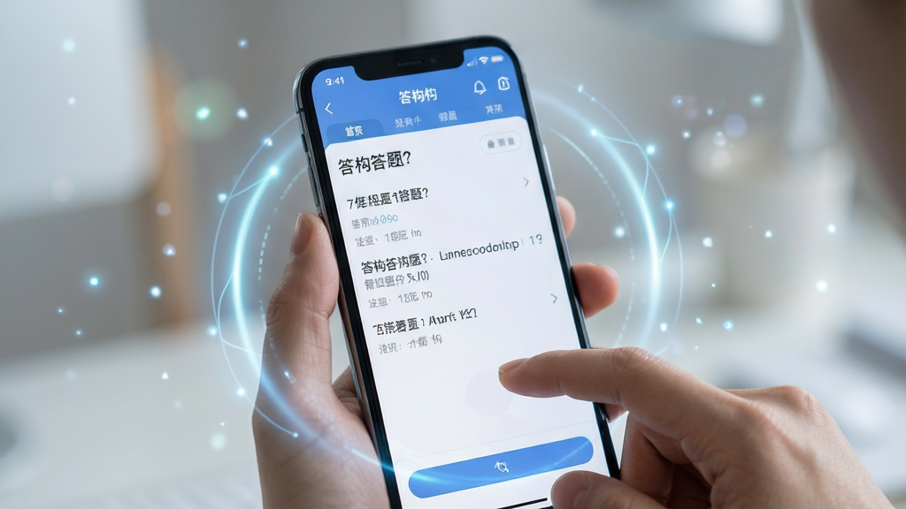 一张展示答构在手机上运行流畅的预览图,主体为手持智能手机,屏幕内显示答构答题界面,周围有轻柔的科技感光效,布局为居中特写,排版突出手机屏幕,风格为现代简约科技风,细节包括手指点击屏幕的动作、清晰的题目文字、柔和的背景虚化,画质高清,干净,无多余元素